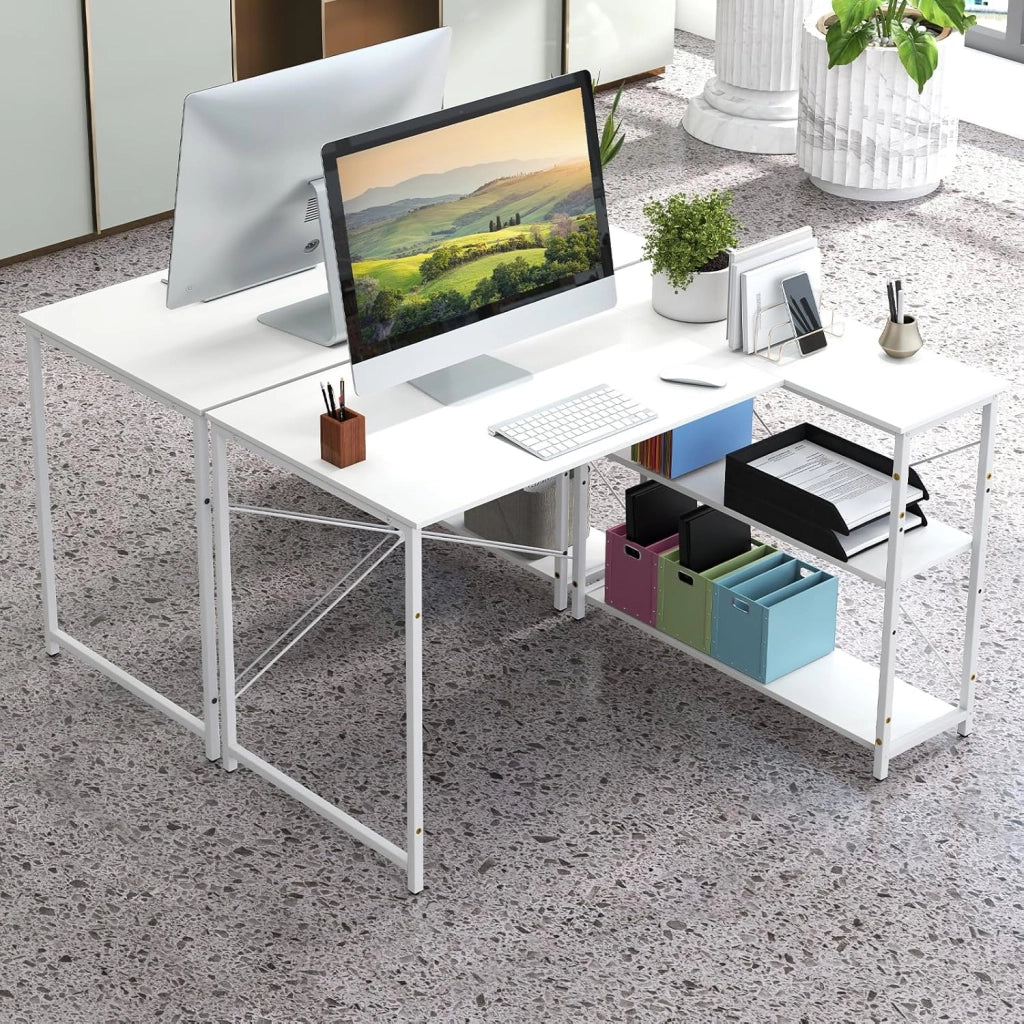 Scrivania a forma di L da 118 cm, tavolo per computer con ripiano reversibile, scrivania ad angolo moderno con ripiano regolabile, per studio, ufficio (bianco)