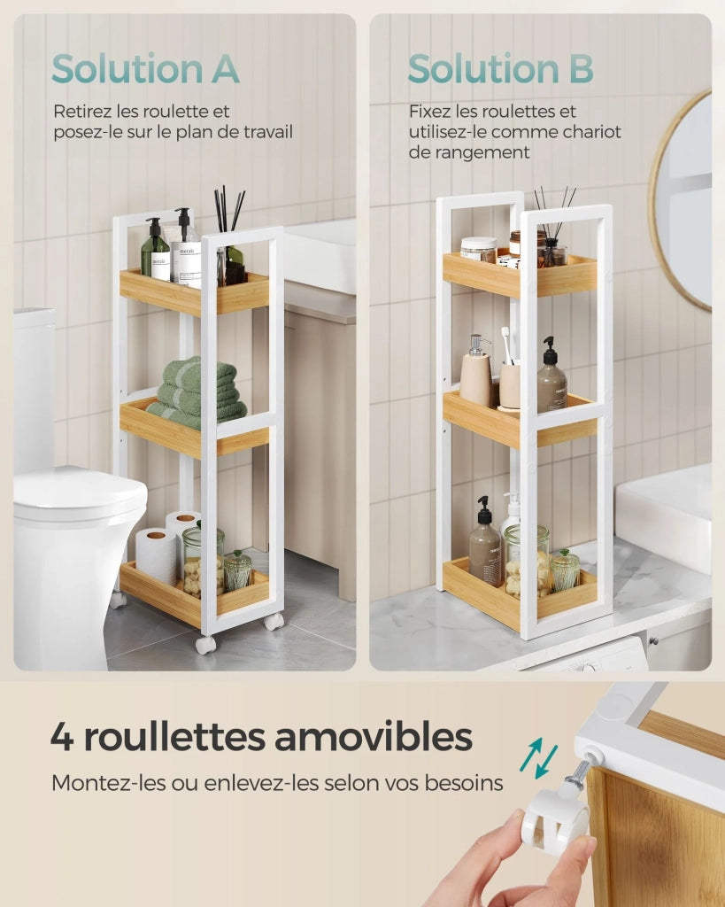 Carrello da bagno scaffale sottile da bagno carrello portaoggetti a 3 ripiani su ruote bambù salvaspazio 20 x 30 x 80 cm bianco 12_0005028