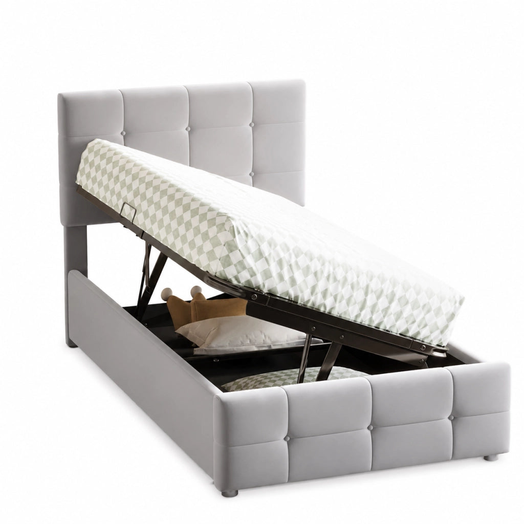Letti contenitori 90x200 cm; contenitore idraulico; testiera regolabile; velluto grigio (Senza materasso)