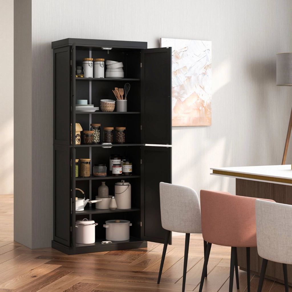 Dispensa da cucina a 4 ante con 6 ripiani 2 ripiani regolabili, Mobile credenza alto 184,5cm per sala da pranzo Nero