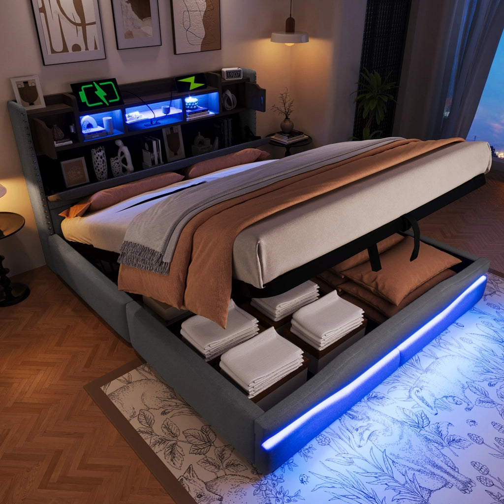 Letto Contenitore 160x200 cm con vano idraulico; USB; Type-C e LED; in Lino Grigio
