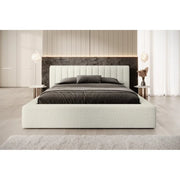 Letto con contenitore CERVIN - Grigio Lino naturale bouclé - 160x200 cm - Rete sollevabile - Design di alta gamma