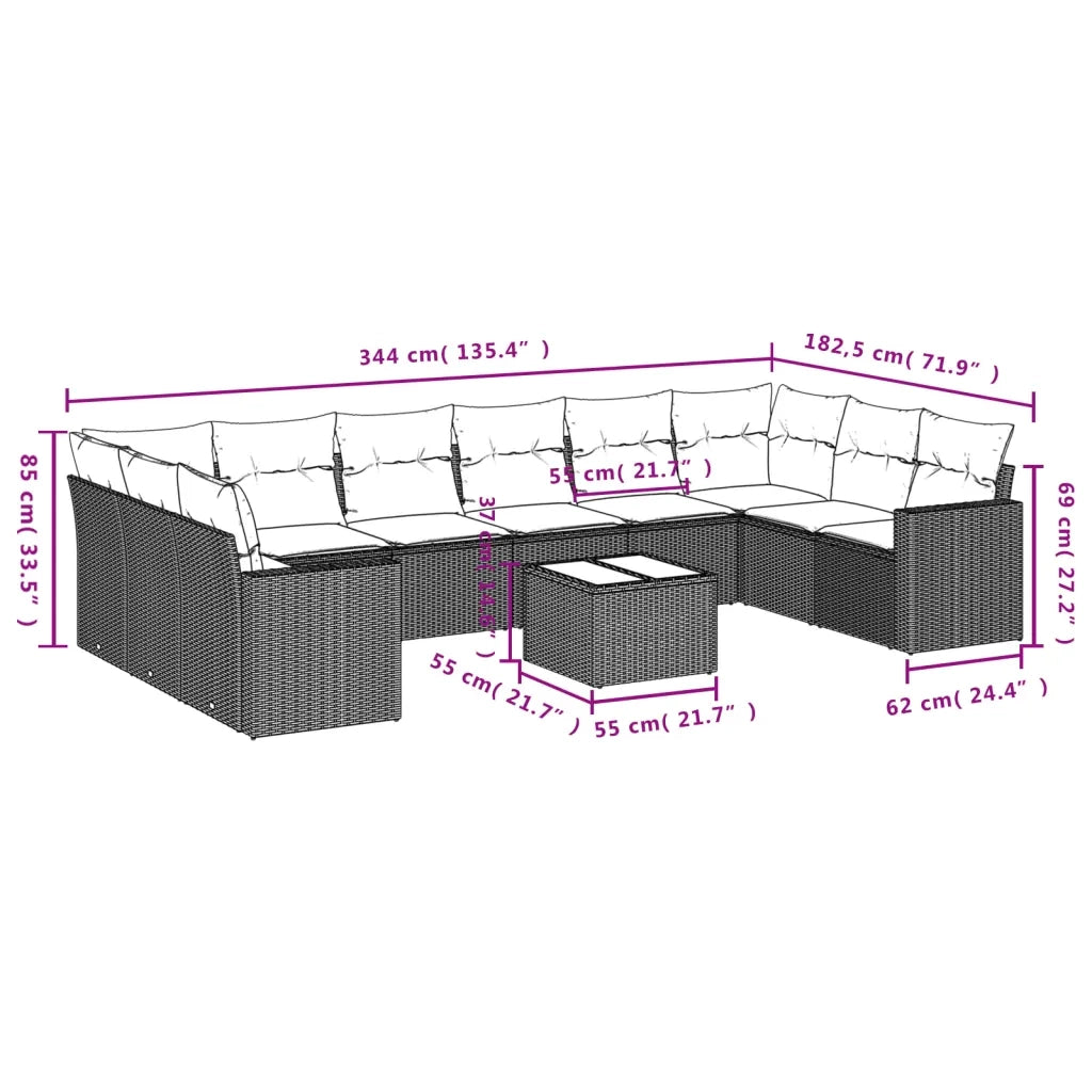 Set Divani da Giardino 11 pz con Cuscini in Polyrattan Nero 3219465