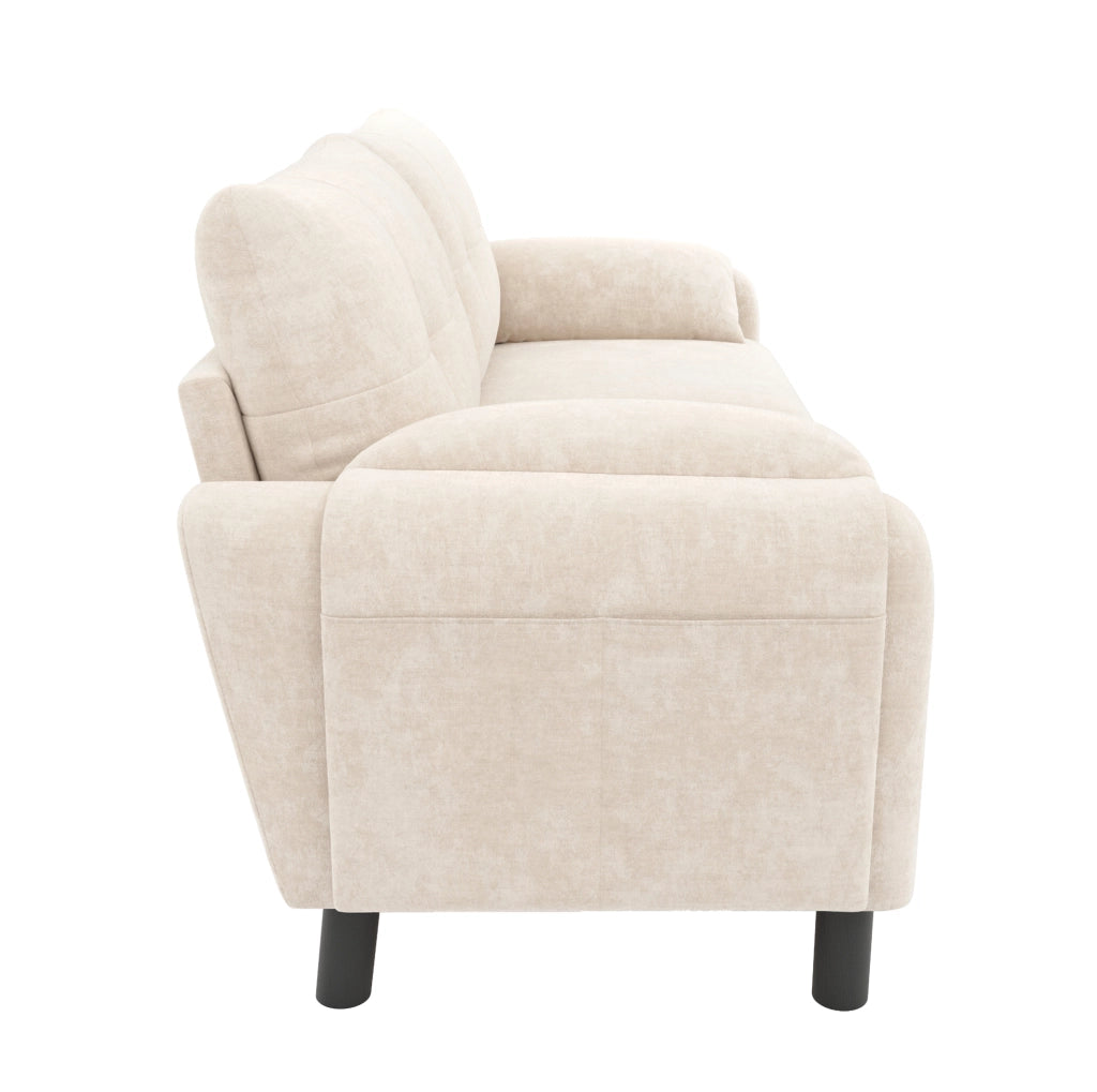 Divano 2 posti modulare in ciniglia beige con tasche laterali e 2 cuscini; 158 × 80 × 88;5 cm