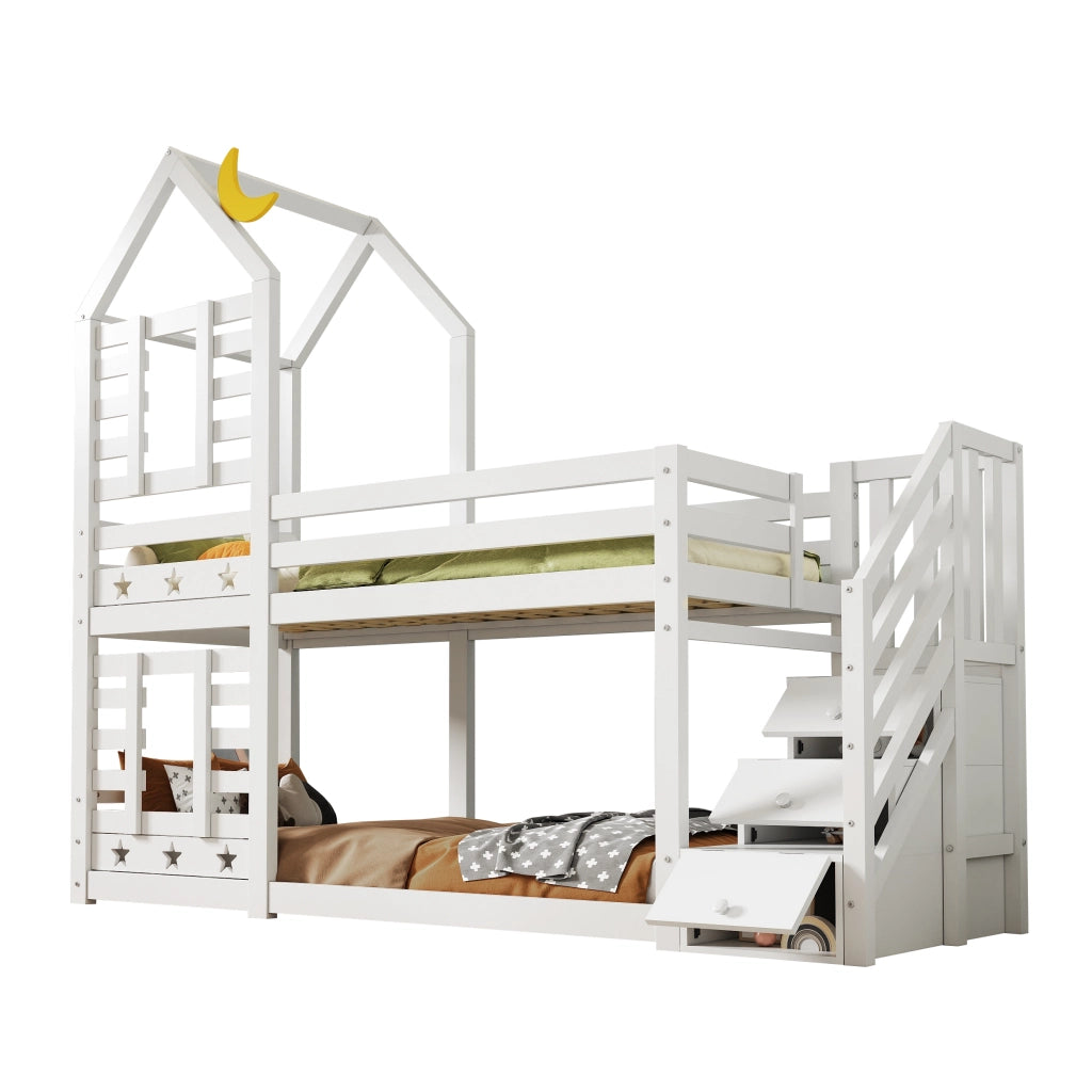 OKWISH Letto a Castello a Casetta 90×200 cm, Letto Singolo con 2 Cassetti, Scala con Contenitori e Spondina, senza Materasso, Legno, Bianco