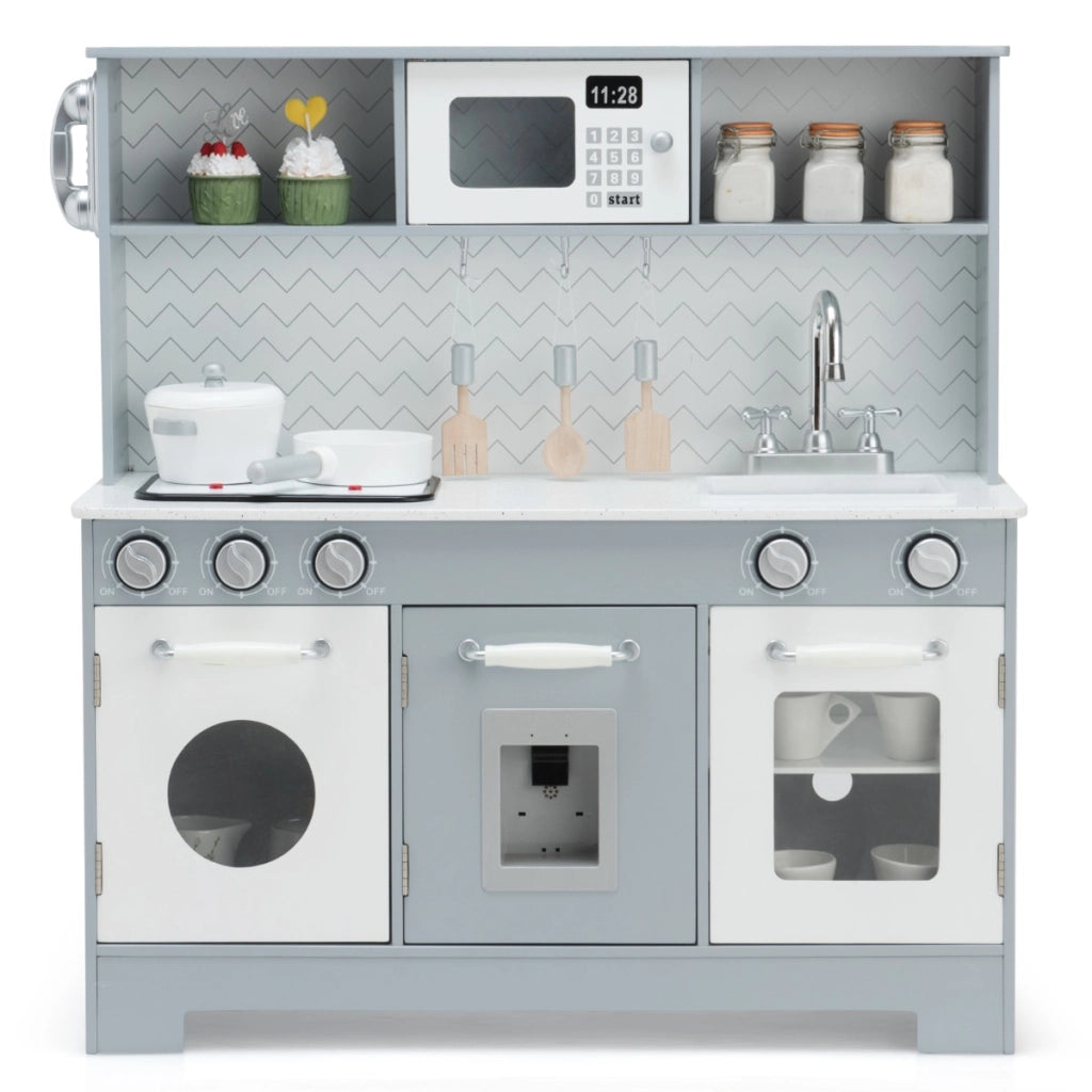 Cucina giocattolo in legno per bambini con utensili accessori lavandino telefono, Set di cucina finta Grigio-Cucine giocattoli