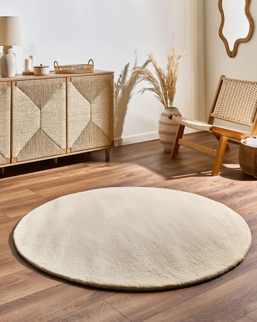 Tappeto in lana bianco sporco 140 cm tuftato a mano rotondo design decorativo