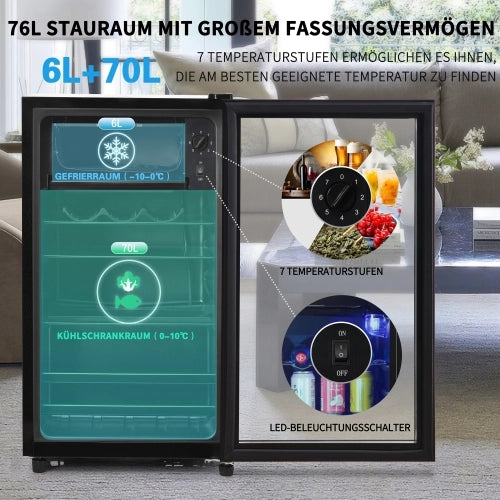 Mini frigorifero; congelatore; volume totale 76L; freezer 6L; compartimento frigorifero 70L; basso rumore; sistema di raffreddamento a compressore; efficiente energeticamente; mensole regolabili; nero