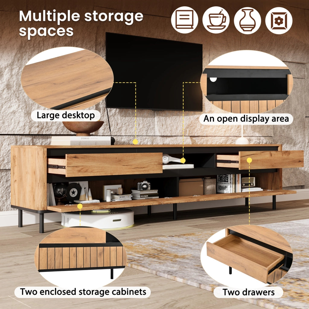 Mobile porta TV con 2 cassetti, 2 ante e passacavi, per soggiorno, in MDF e metallo, nero e naturale, 180 × 40 × 52 cm