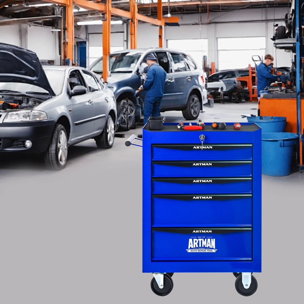 Carrello portautensili con 5 cassetti, ruote piroettanti, serratura e struttura in acciaio, per garage, nero e blu