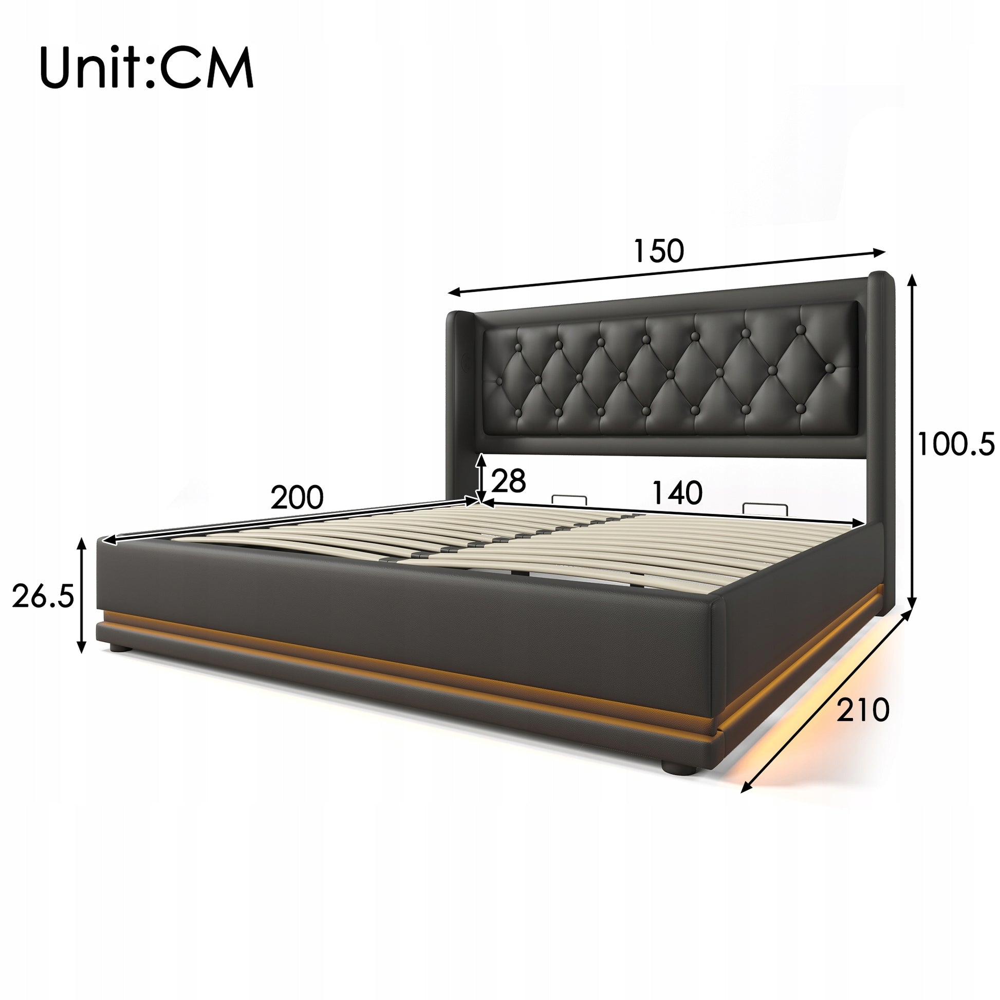 Letto Matrimoniale 140x200 - Xylo - Nero con USB-C, LED e Materasso