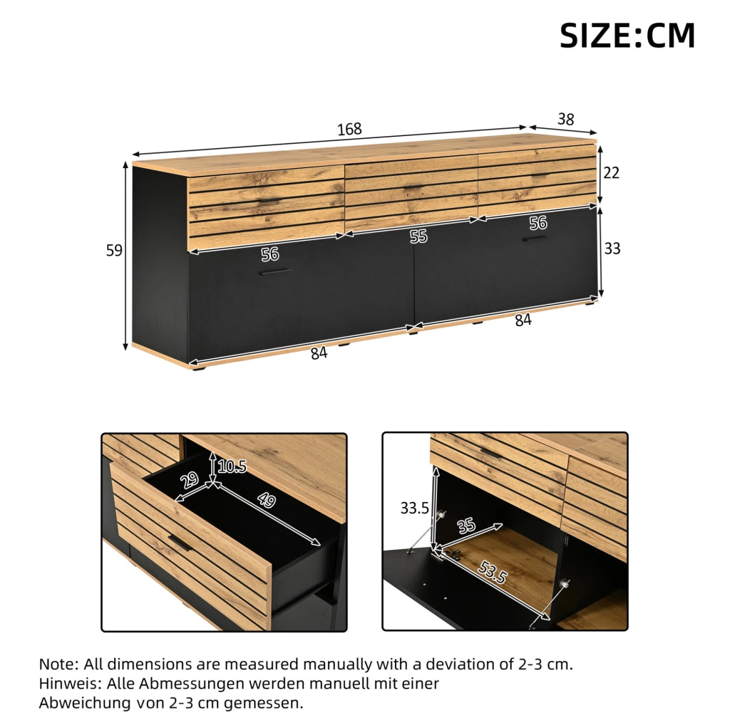 Mobile TV 168x38x59 cm con 3 cassetti e 2 ante a ribalta in MDF e truciolato naturale e nero