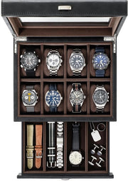 Cassa orologio per 8 orologi uomo - cassa orologio e gioielli in pelle imitativa con cassetto per uomini | Cassa orologio in pelle imitativa | Luxuosa cassa orologio per uomo | Supporto orologio