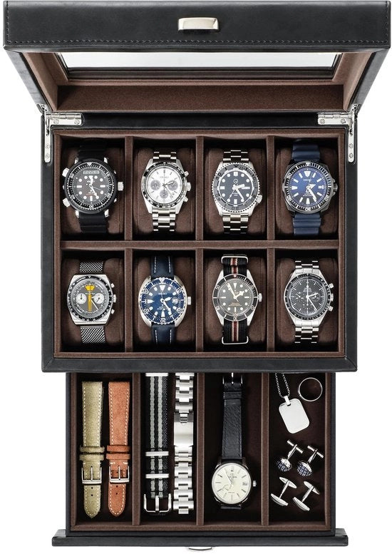 Cassa orologio per 8 orologi uomo - cassa orologio e gioielli in pelle imitativa con cassetto per uomini | Cassa orologio in pelle imitativa | Luxuosa cassa orologio per uomo | Supporto orologio