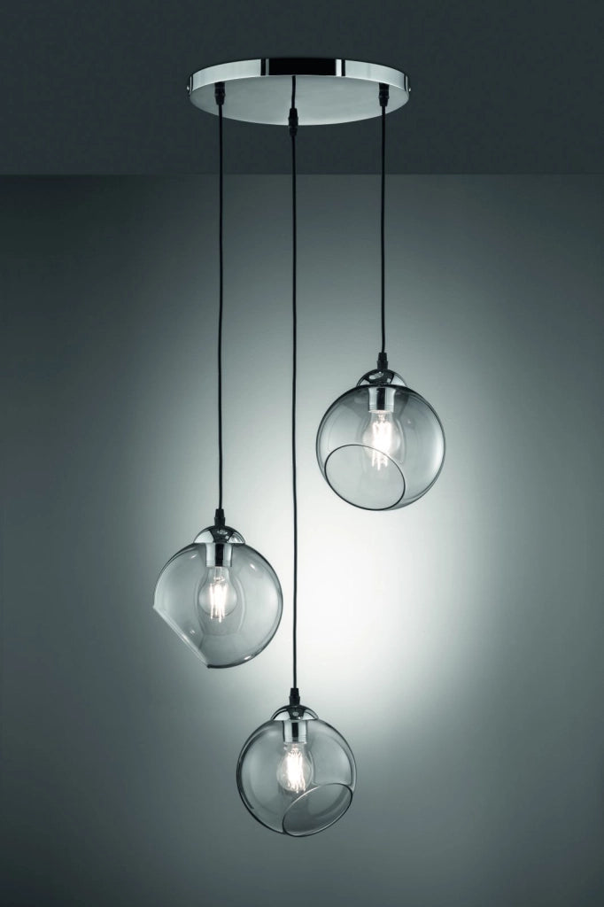 CLOONEY SOSPENSIONE 3 VETRI TRASPARENTE FUME' CON MONTATURA CROMATA D. 35CM ATTACCO E27