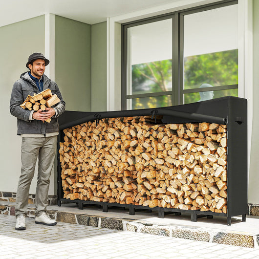 Legnaia da Esterno 235x31x116 cm con Telo Impermeabile e Struttura Regolabile in Metallo Nero