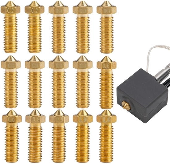 Set di Nozzle per 3D Stampante - 15 pezzi - 0,1 mm/0,2 mm/0,4 mm/0,6 mm/0,8 mm - Materiale: rame - Componenti per 3D stampante - Eccellente conduttività termica - Superficie interna liscia - Nozzle per 3D stampante