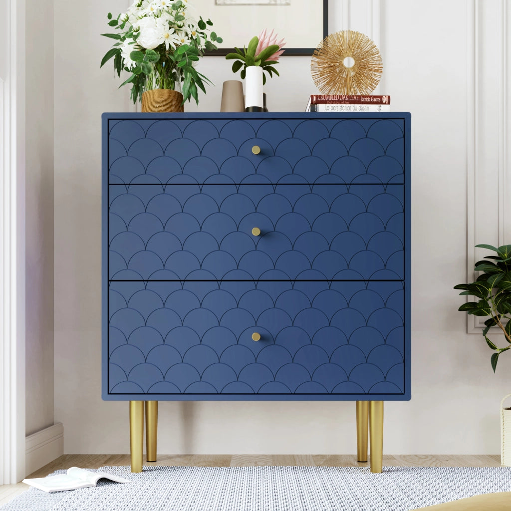 OKWISH Comò con 3 Cassetti, Frontale con Motivo a Scaglie e Gambe in Metallo, Legno e Metallo, Blu Navy, 75 x 40 x 89 cm