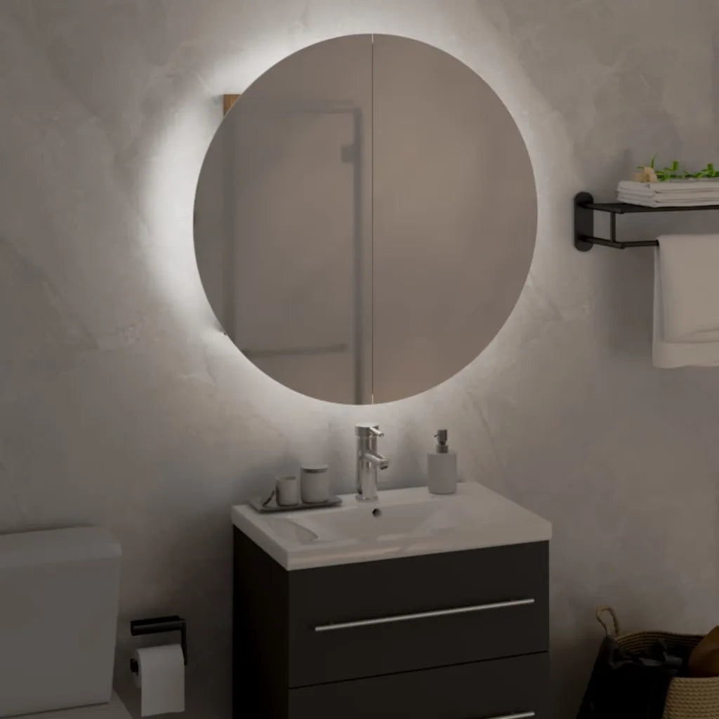 Armadio da Bagno con Specchio Rotondo e LED Rovere 47x47x17,5cm 345586
