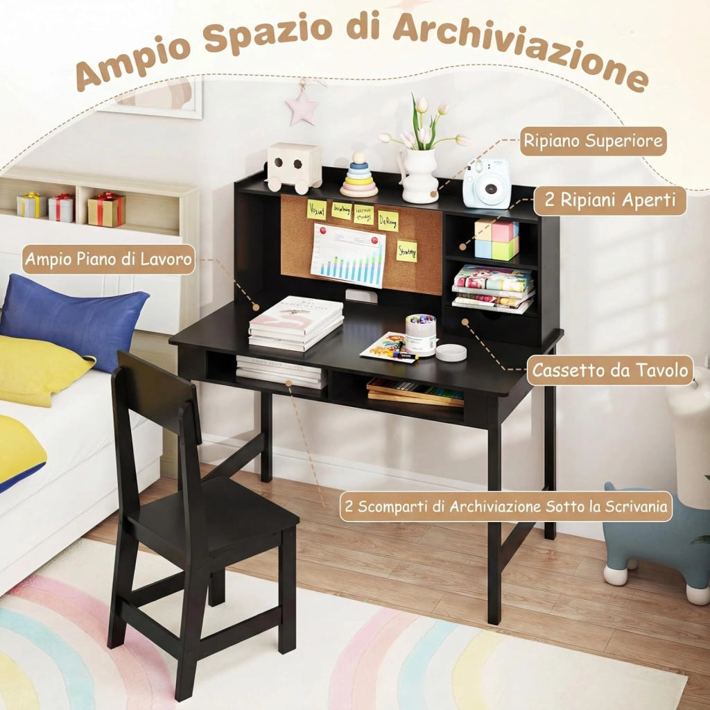 Set Scrivania e Sedia per Bambini, Tavolo per Studenti in Legno con Bacheca in Sughero, Cassetto, Pensile con Ripiani Aperti, Postazione Computer per Bambini per Studio e Lettura (Nero)