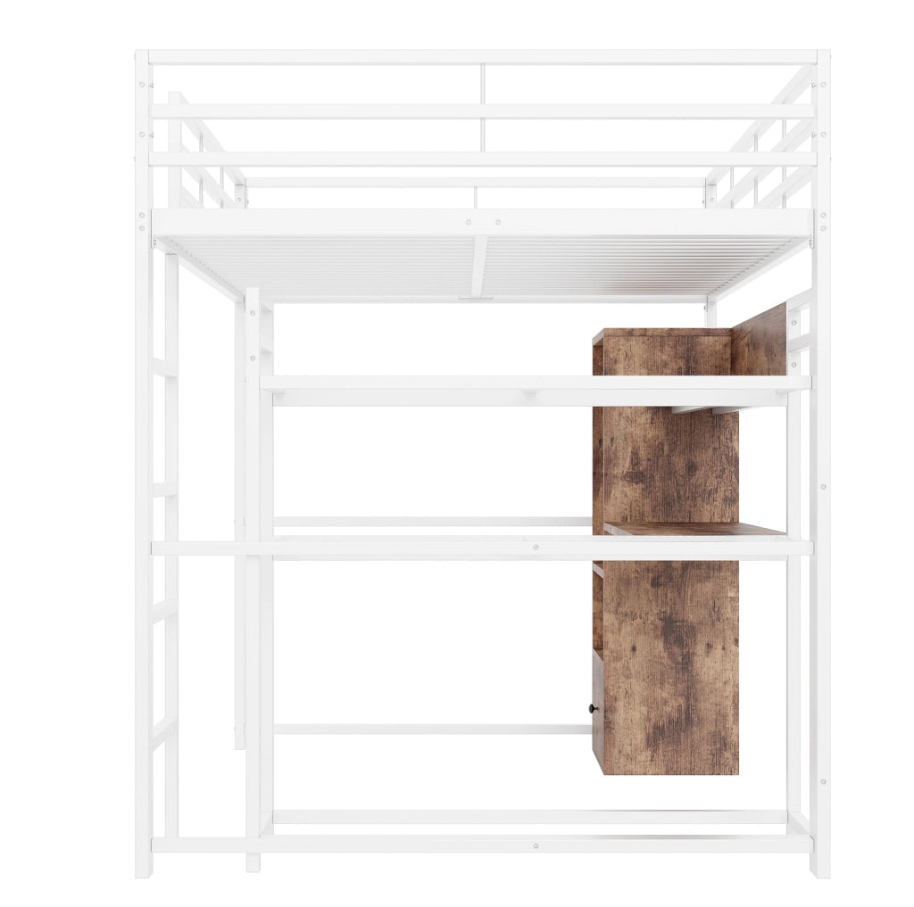 Letto a soppalco 140x200 cm con scrivania; LED e contenitore in MDF e metallo bianco