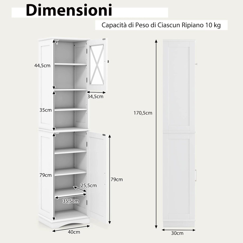 Mobile Bagno 40 x 30 x 170,5cm, Armadietto a Colonna Stretto e Alto con 5 Ripiani Regolabili e 2 Porte, Armadio da Terra in Legno per Soggiorno, Camera da Letto, Salotto e Cucina (Bianco)