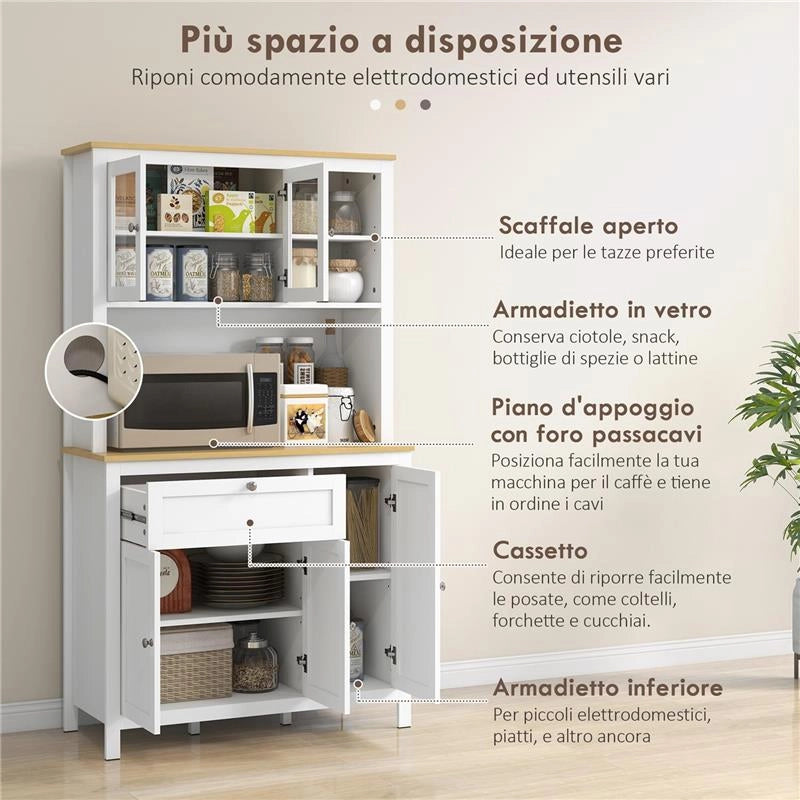 DISPENSA CUCINA CON CASSETTI RIPIANI APERTI E SCAFFALI REGOLABILI IN LEGNO 100X40X180 CM BIANCO