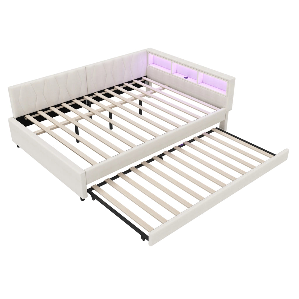 Letto 140x200 cm con LED; USB e vani portaoggetti in lino beige