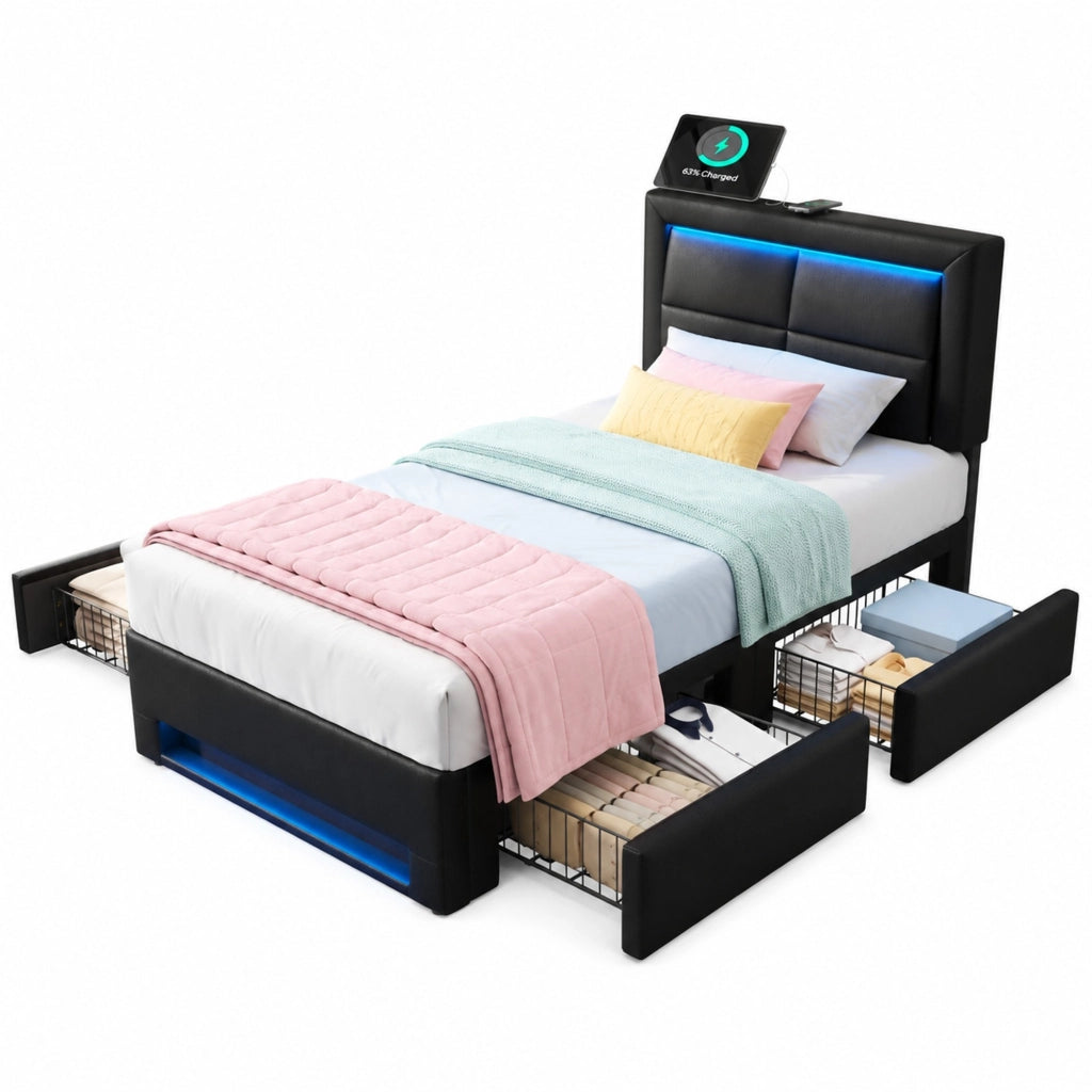 Letto imbottito 90x200 cm con USB, illuminazione LED, 4 cassetti, PU, nero, senza materasso