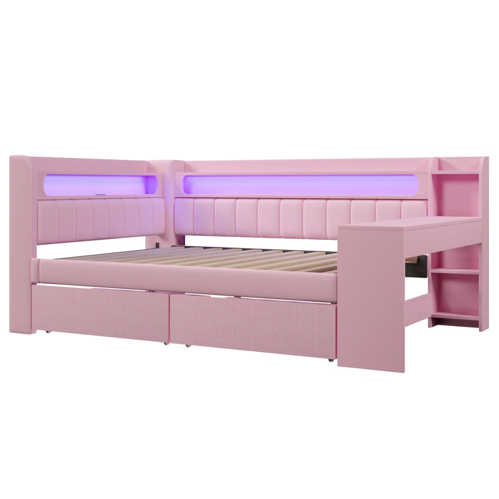 Daybed imbottito 140x200 cm con USB; LED; scrivania e 2 cassetti; rosa