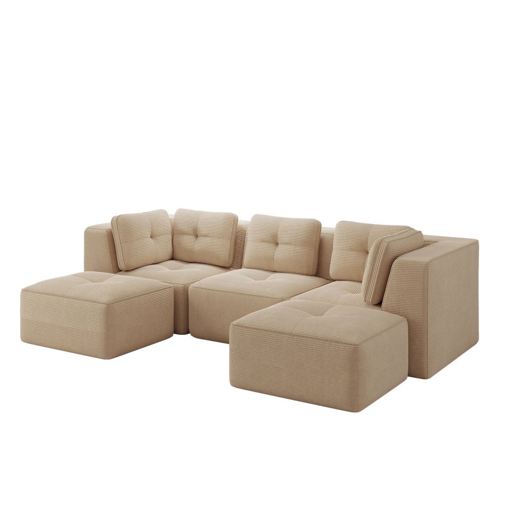 Divano angolare modulare in velluto a coste con seduta profonda e braccioli larghi senza montaggio, beige