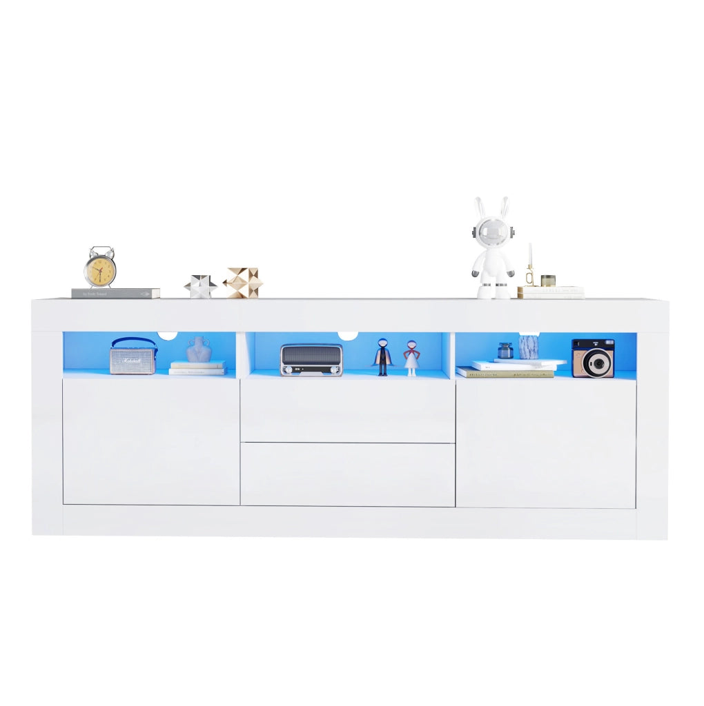 Mobile TV bianco lucido con LED, 2 ante e 2 cassetti