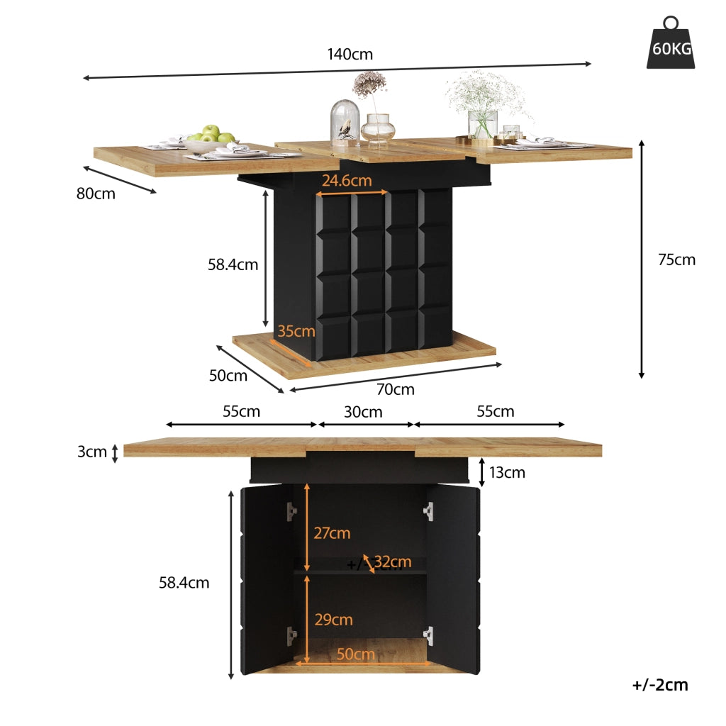 Tavolo da pranzo allungabile con sistema estraibile, piano ampio, per cucina e soggiorno, nero, 110 × 80 × 75 cm