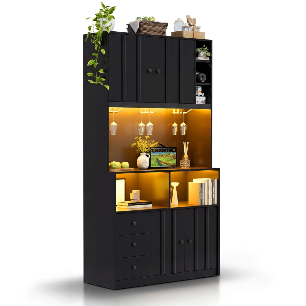 Credenza cucina alta 100x40x180 cm con LED RGB; prese USB e AC; in MDF nero