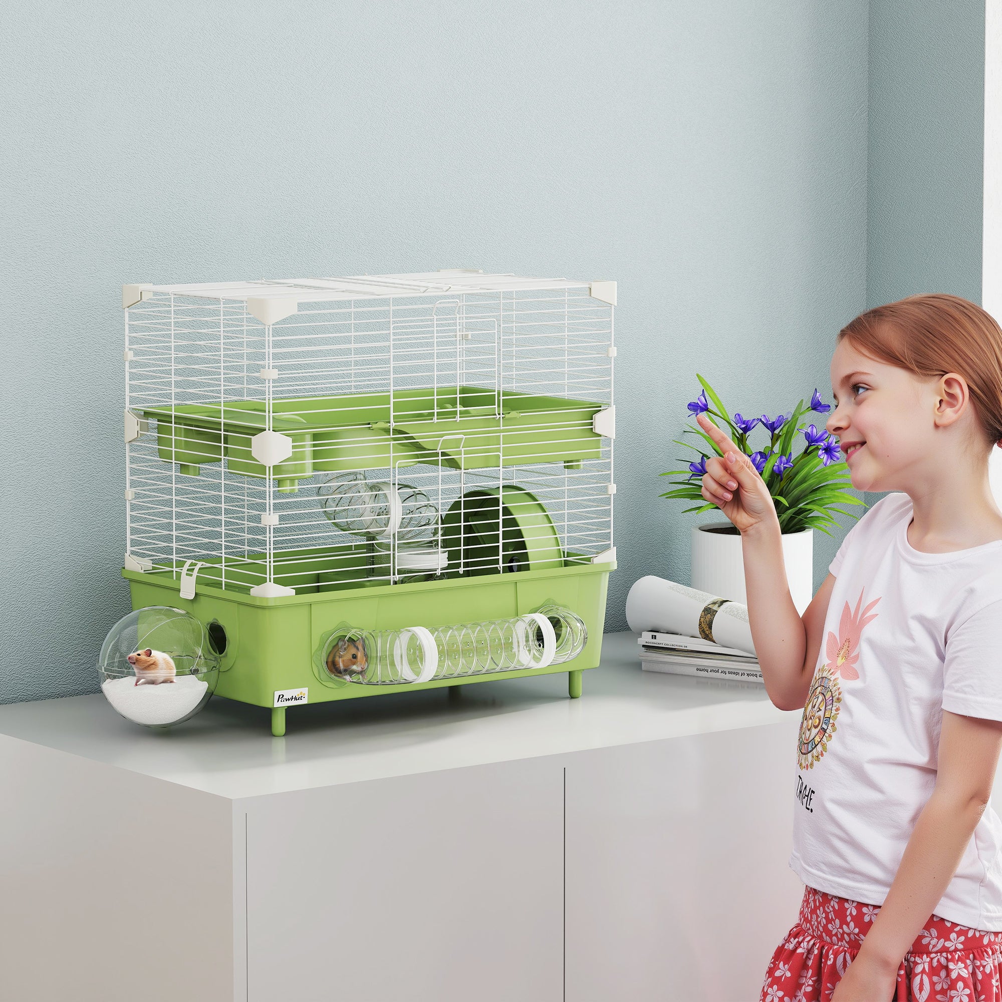 Gabbia per Criceti a 2 Livelli 44,5x28x44 cm 3 Porte con Ruota e Tubi Verde e Bianco