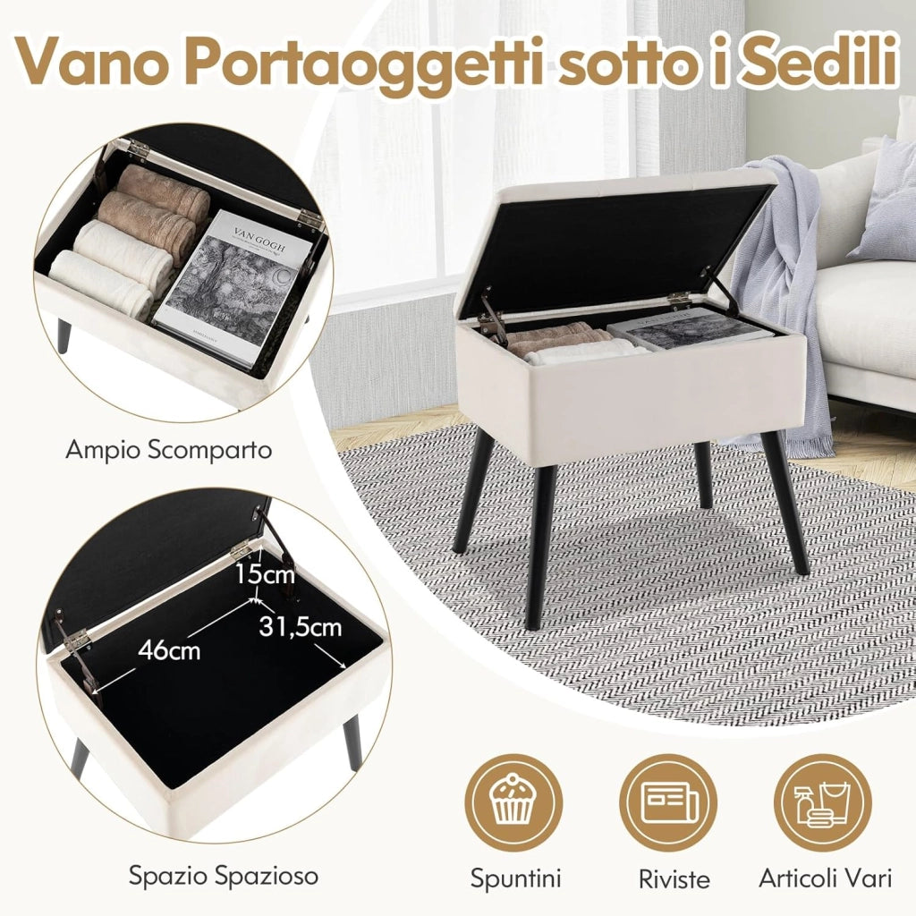 Sgabello Contenitore, Pouf Sgabello Ottoman, Poggiapiedi Moderno da Trucco, con Gambe in Legno Massello & Seduta Imbottita, Portata 150 kg, 49,5 x 35 x 46,5 cm (Beige)