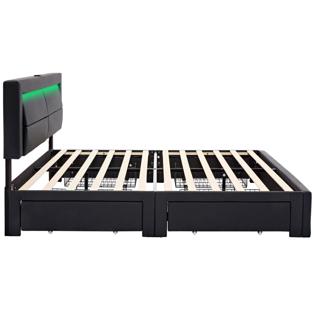 Letto imbottito 140x200 cm in PU nero con USB; LED e 4 cassetti