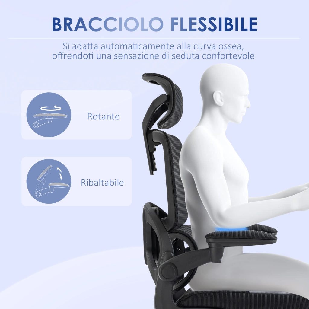 Sedia da Ufficio ad Altezza Regolabile con Inclinazione e Supporto Lombare, 62x58x120-133 cm, Nera