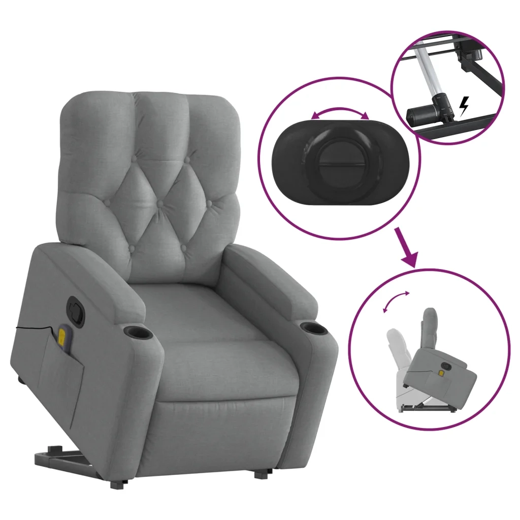 Poltrona | Sedia Relax Alzapersona Massaggi Reclinabile Grigio Chiaro Tessuto