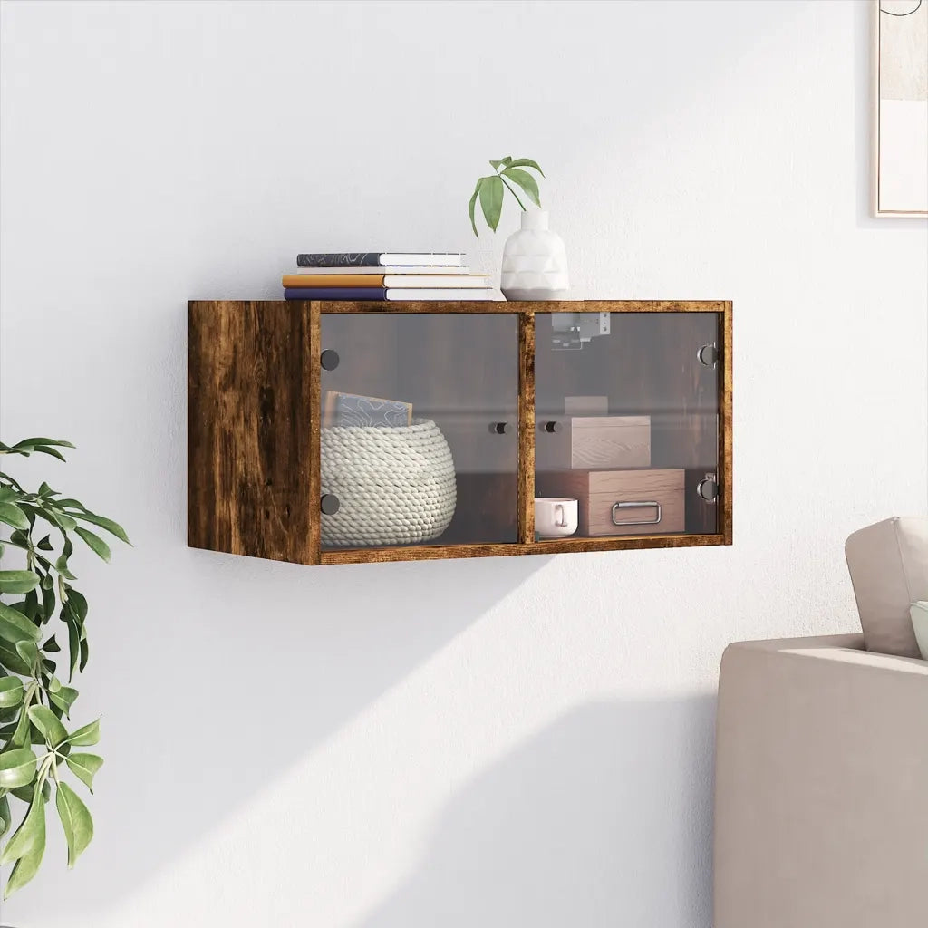 Armadietto a Muro | Mobile a Muro con Ante in Vetro Rovere Fumo 68,5x37x35 cm