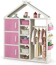Armadio per Bambini, Organizzatore a Forma di Casa con 1 Lavagna, 3 Armadietti, 4 Cestini, 3 Cubi Chiusi e 3 Cestini Laterali, Armadietto Salvaspazio per Camera da Letto e Soggiorno (Rosa)