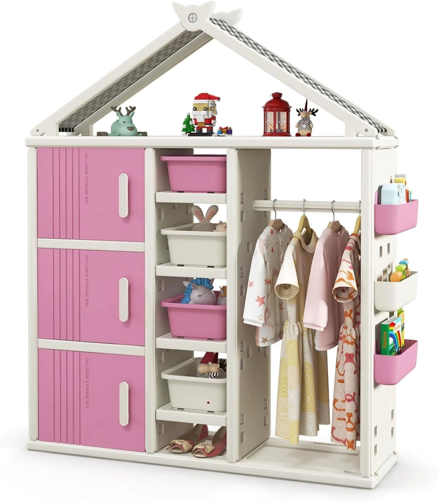 Armadio per Bambini, Organizzatore a Forma di Casa con 1 Lavagna, 3 Armadietti, 4 Cestini, 3 Cubi Chiusi e 3 Cestini Laterali, Armadietto Salvaspazio per Camera da Letto e Soggiorno (Rosa)