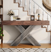 Tavolo consolle stretto noce con supporto a X, 140x30x80 cm