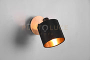 TOMMY SPOT SINGOLO BASE LEGNO CON PARALUME NERO E ORO H. 18,5CM 1 LUCE ATTACCO E14