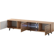 Porta Televisore Con 3 Ante Battenti Vano Centrale Con Ripiano In Vetro E LED Mobile TV In Melaminico Con Piedini In Metallo Per Soggiorno Salotto Zona Living 175 X 40 X 31.5 Cm Rovere