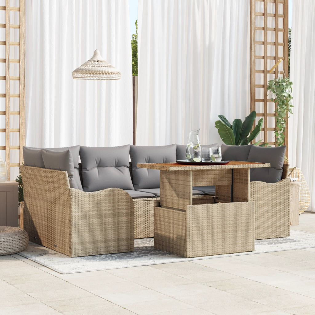Set di divani da giardino 7 pezzi con cuscini beige in rattan poli