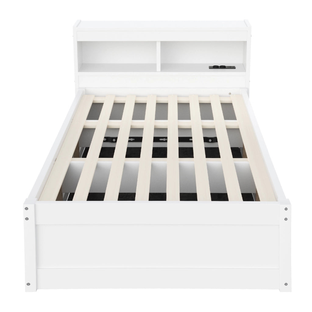 Letto multifunzione 90x200 cm con presa; contenitore idraulico e LED in MDF bianco