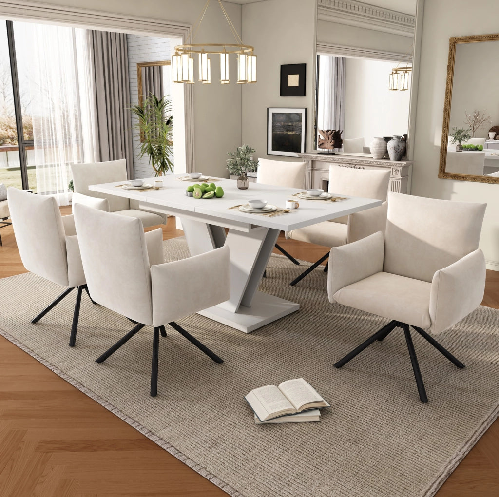 Tavolo da pranzo allungabile 120/160x80 cm in MDF bianco; gambe metalliche a V