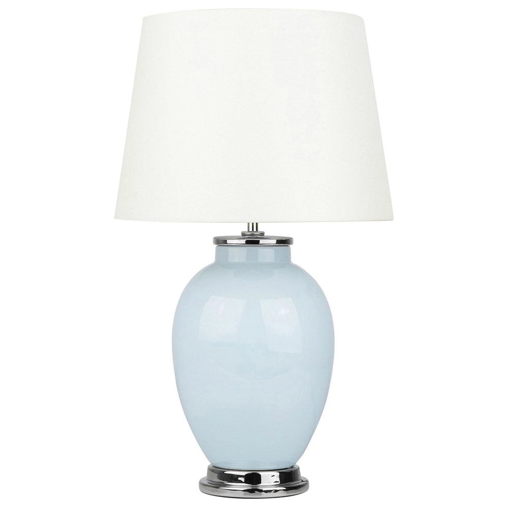 Lampada da Tavolo Comodino Base in Ceramica Azzurro Paralume Impero Rotondo paralume in policotone Bianco