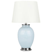 Lampada da Tavolo Comodino Base in Ceramica Azzurro Paralume Impero Rotondo paralume in policotone Bianco